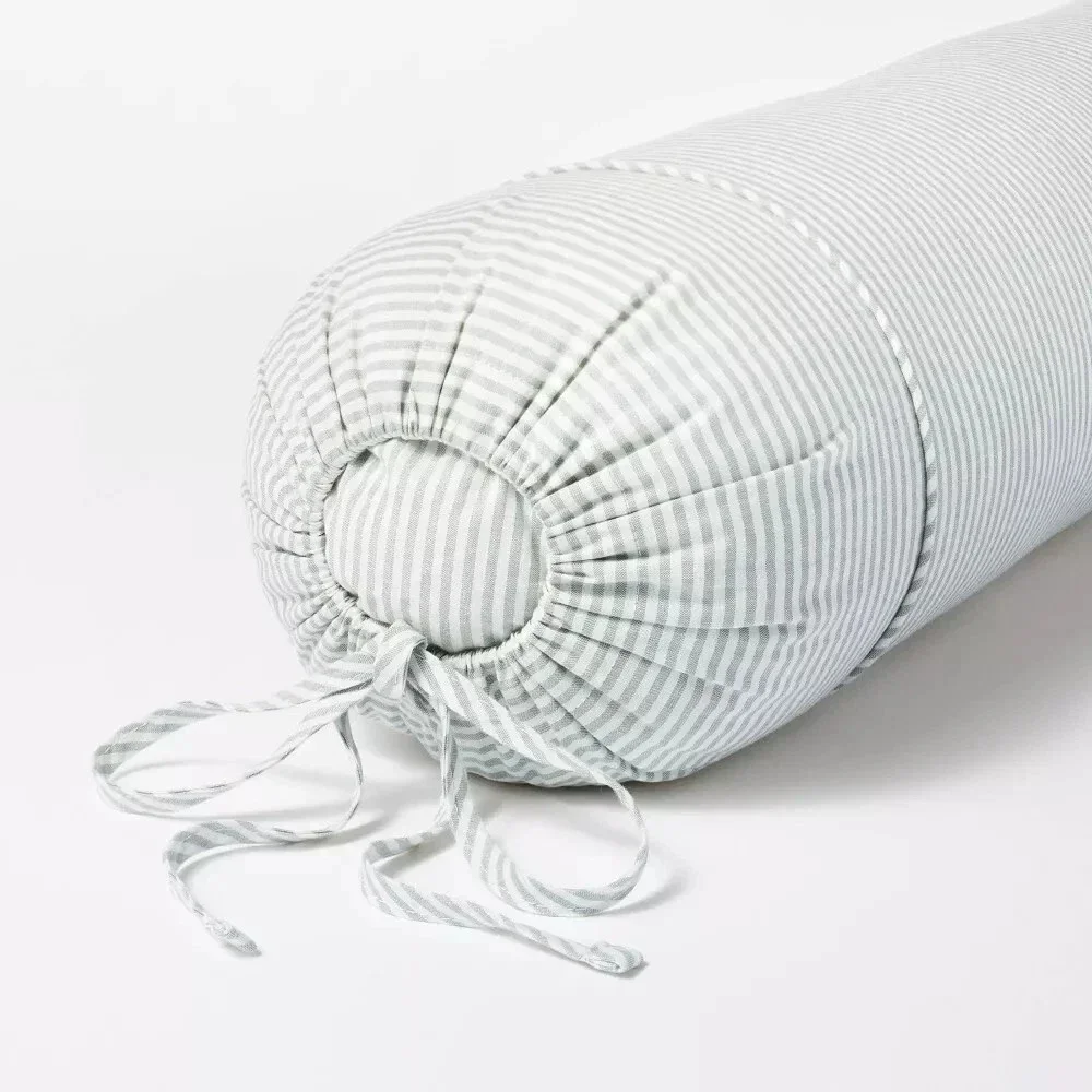 Oversized Bolster Woven Striped with Piping Cylinder Throw Pillow White/Light